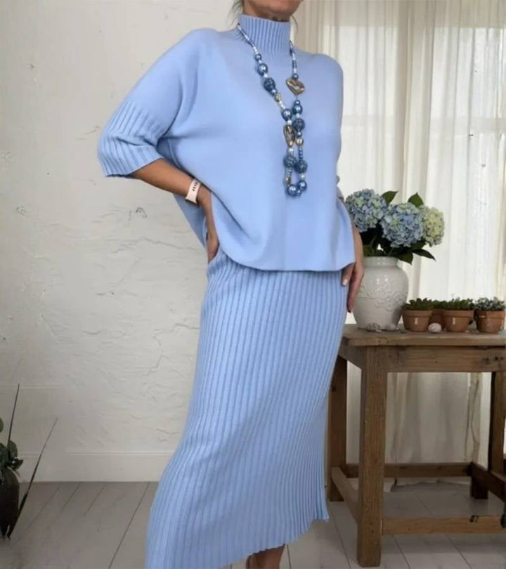 Debora | Dzianinowy komplet z prążkowaną spódnicą