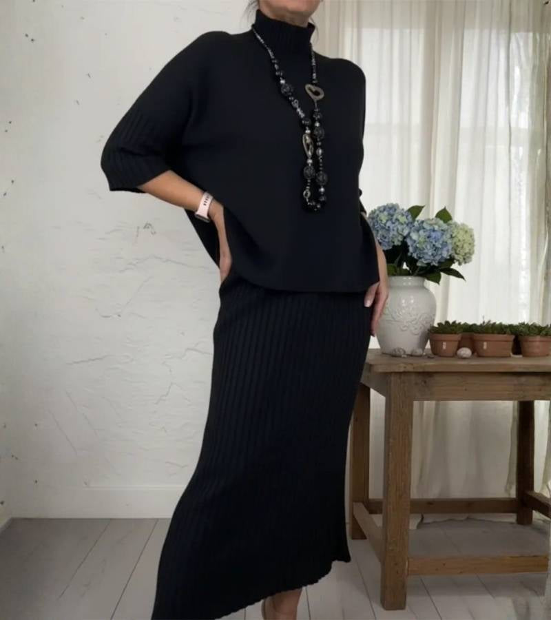 Debora | Dzianinowy komplet z prążkowaną spódnicą